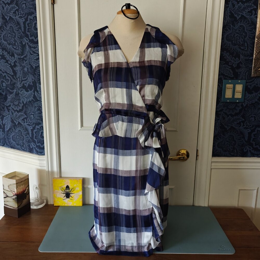 Flutter sleeve Banana Republic Wrap Dress sz 4 - plaid, tartan, wedding guest
